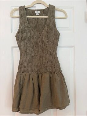 Wilfred Olive Green Smocked V-Neck Mini Dress